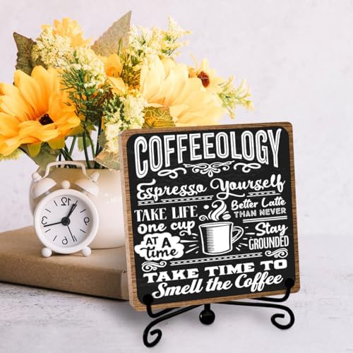 Funny Coffee Bar Decor, 5 x 5 Inch Wooden Desk Sign with Metal Stand - Image 3