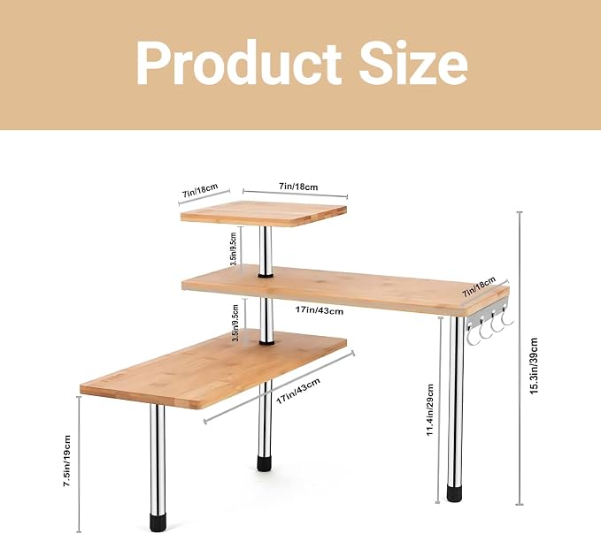 3-Tier Corner Shelf, Bamboo & Metal Storage Rack - Image 2