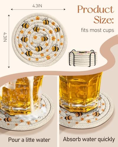 Absorbent Cup Coasters Set of 6 with Holder, Bee - Image 4