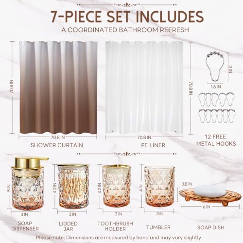 Brown Glass Bathroom Accessories Set with Shower Curtain and Liner, 7-Piece Bathroom Decor Set, Soap Dispenser, Toothbrush Holder, Soap Dish, Vanity Tray, Complete Bathroom Makeover Set - Image 2