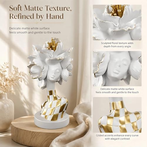 Lescafita White and Gold African Lady Sculpture – Elegant Resin Figurine with Floral Crown, Modern African Art Decor for Living Room, Cultural Gift for Women - Image 6