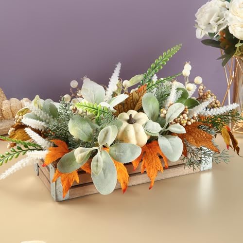 Thanksgiving Potted, Eucalyptus Berries Pumpkins Lamb Ears Leaves Autumn Pots for Centerpiece Table Decor, Fall Decor, Home Coffee Table Dining Room Office Kitchen (D) - Image 5