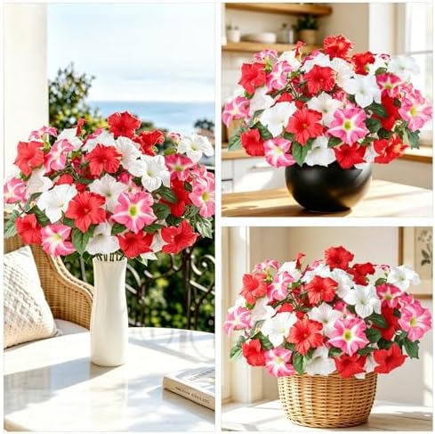 Uieke Artificial Flowers for Outdoors, 24PCS Faux Petunias Outdoor Uv Resistant Silk Flower, Spring Decorations for Home Garden Patio Porch, Red&White - Image 4