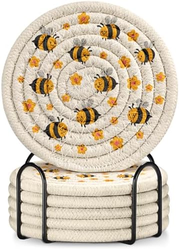Absorbent Cup Coasters Set of 6 with Holder, Bee by Kokaaee
