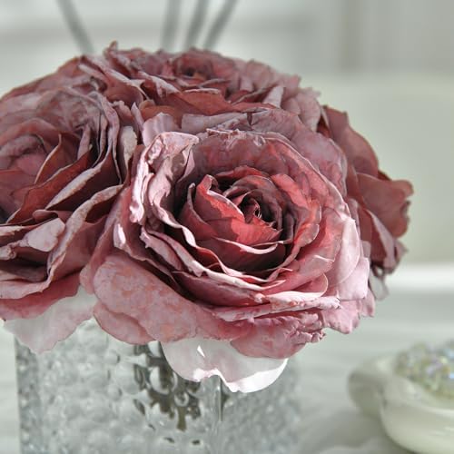 Silk Roses in Glass Vase with LED, Low Centerpiece for Table, Plum Purple - Image 2
