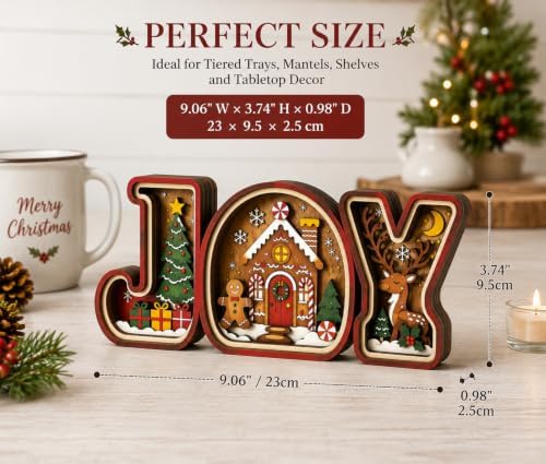 Gingerbread Christmas Decorations, 3D Wooden JOY Sign with Christmas Tree and Reindeer, Vintage Merry Christmas Tiered Tray Decor for Office Desk Party Kitchen, Tabletop, Shelf and Farmhouse Mantel (Gingerbread Christmas Decorations) - Image 2