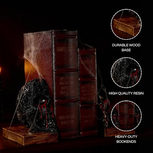 Skull Book Ends Gothic, Lifesize Human, Heavy-Duty Bookends, Skeleton Decorations, Bookends for Shelves, Heavy Books, Black Skull Design Bookend 7x5.1x6.3, Spooky Decor, Holiday - Bloody Black & Red - Image 4