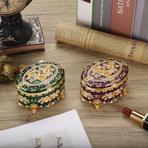 Hipiwe Vintage Oval Jewelry Storage Box Metal Trinket Organizer Purple - Image 5
