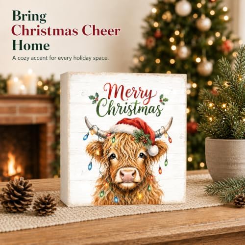 Christmas Highland Cow Decorations Wooden Box Sign Santa Hat Lights - Image 2