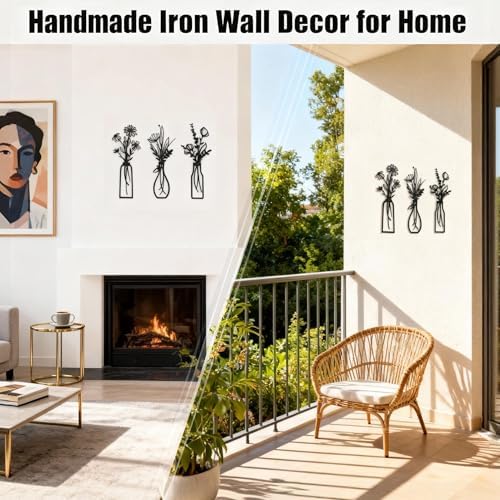 Set of 3 Black Metal Flower Wall Art, Modern Farmhouse Rustic Vase Wall Decor for Living Room Bathroom Kitchen Bedroom, Fall Halloween Thanksgiving Christmas Birthday Housewarming Gift for Women - Image 4