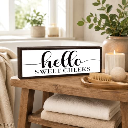 Bathroom Wood Sign, Hello Sweet Cheeks, Funny Farmhouse Bathroom Wall Decor for Shelf Counter or Wall Display, Rustic Solid Wood Sign, Modern Farmhouse Wall Decor, Restroom Gift, 9.5 x 3.1 Inches - Image 5