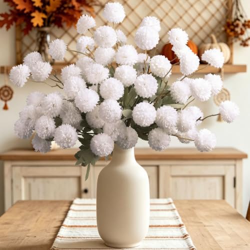 12 Pcs Artificial Mums with Long Stems 20 Inch White Faux Flowers for Vase by INQCMYPlantRack