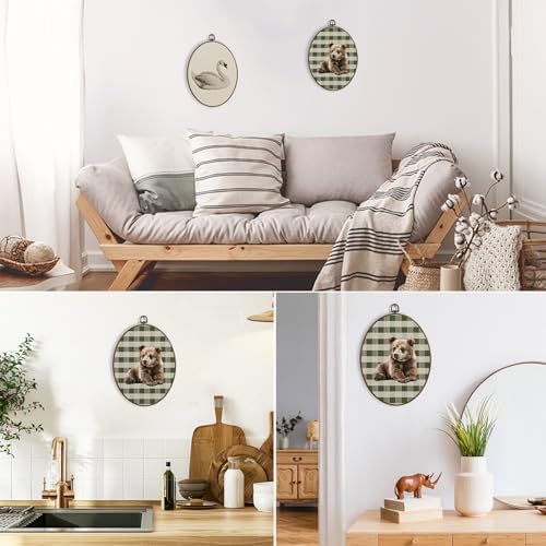 dvhdajed Vintage Bear Oval Wall Art Decor, Cabin Bear Green Checkered Framed Canvas Art, Baby Boys Nursery Decoration, Farmhouse Rustic Animal Wall Hanging Decor for Toddler Room Bedroom,8.7x11.3 In - Image 5