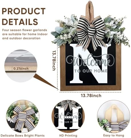 Ultra Large 14'' Last Name All Year Round Front Door Wreath with 26 Initial Letter Welcome Sign All Seasons Eucalyptus Garland and Bow Wreaths for Front Door Porch Farmhouse Decoration (N) - Image 4