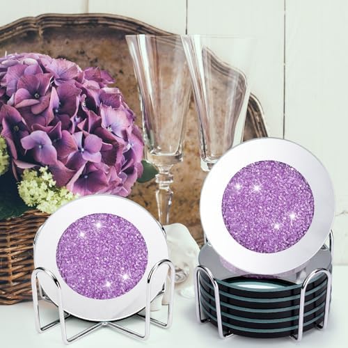 Jetec Mirrored Glass Coaster Set of 6 with 1 Holder 4" Crushed Diamond Round Cup Mat Glitter Crystal Rhinestone Glass Coaster Bling Table Decor for Bar Kitchen Gift for Christmas(Purple,4 Inch) - Image 4