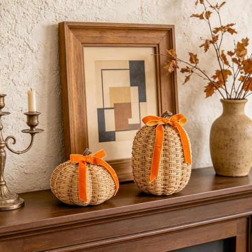 DN DECONATION Fall Pumpkin Decor, Fake Rattan Pumpkin Decorations for Home - Image 3