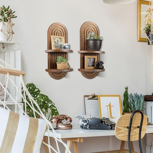 Wenqik 2 Pcs Boho Wall Shelf Rainbow Arch Wooden Floating Shelf, Brown - Image 5