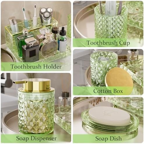Green Bathroom Accessories Set 5 Pcs, Glass Bathroom Set, Soap Dispenser with Rust Foaming Pump, Soap Dish, Cup, Acrylic Toothbrush Holder Vanity Tray, Cotton Balls Holder, Bathroom Counter Decor - Image 4