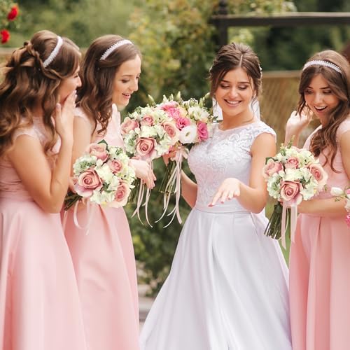 Admired by Nature 4 pcs 9 Stems Faux Hydrangea Rosa Flower Bouquet, Fake Flowers for Bride Bridesmaid, Centerpieces Artificial Flower Arrangement Home Décor, Cemetery Decorations for Grave, Blush - Image 5