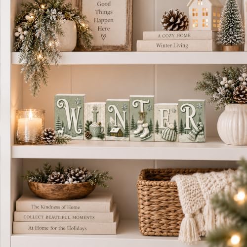 Winter Tabletop Decor, Sage Green Wooden Sign for Shelf, Mantel & Home - Image 4