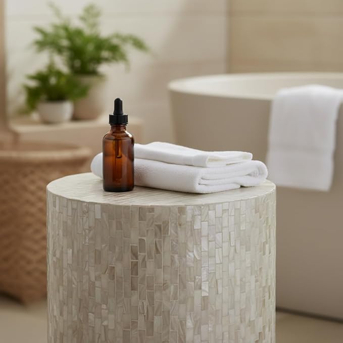PEMAR Mother of Pearl Cylinder Drum End Table Nacre Side Stool Round Accent - Image 2