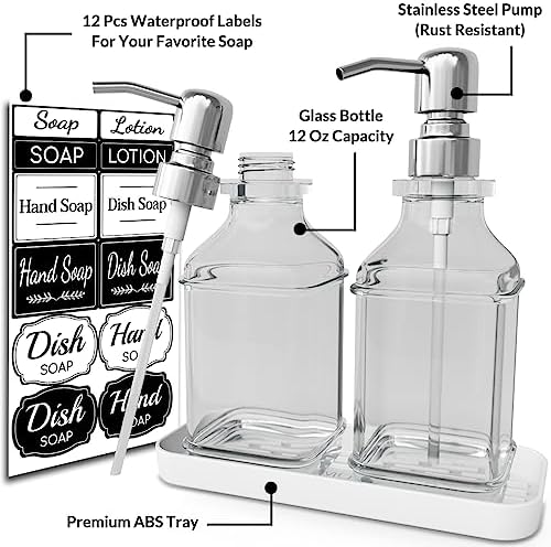 LMQML Soap Dispenser - 2 Pack, Antique Design Thick Glass Hand Soap Dispensers with Sturdy Tray; 304 Rust Proof Stainless Steel Silver Pump, 12Pcs Stickers, for Kitchen, Bathroom - Image 2