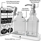 LMQML Soap Dispenser - 2 Pack, Antique Design Thick Glass Hand Soap Dispensers with Sturdy Tray; 304 Rust Proof Stainless Steel Silver Pump, 12Pcs Stickers, for Kitchen, Bathroom - Image 2
