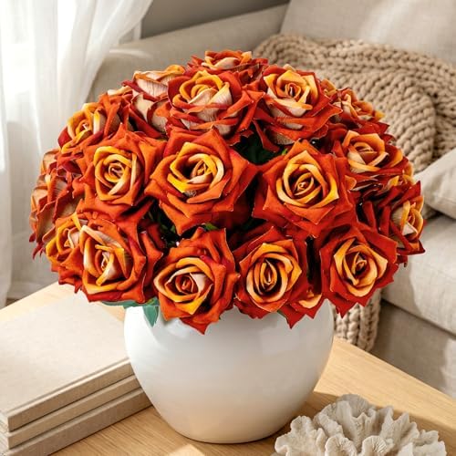 Ttranewsoo 24PCS Orange Fall Artificial Flowers, Fake Roses with Stems for Autumn Floral Arrangements, Thanksgiving Centerpieces, Harvest Table & Home Decor, 16.5 Inch by Ttranewsoo