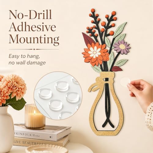 puthiac Wooden Floral Vase Wall Art Decor Set of 3, Harvest Dahlia - Image 4