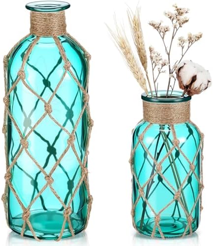 Chuangdi Set of 2 Coastal Glass Flower Vase with Boho Rope, Blue Green by Chuangdi