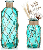 Chuangdi Set of 2 Coastal Glass Flower Vase with Boho Rope, Blue Green by Chuangdi