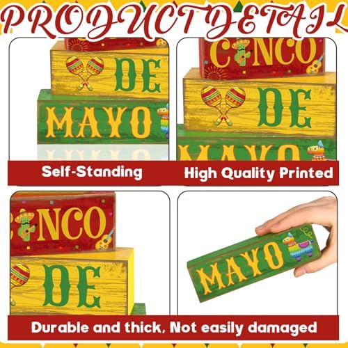 Yuntau 4 Pcs Cinco De Mayo Wood Blocks Tiered Tray Tabletop Centerpiece - Image 6