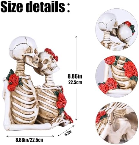 Halloween Skeleton Decor, Gothic Skeleton Couple Resin Statue with Roses - Image 2