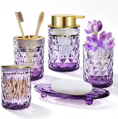 5 Piece Glass Bathroom Accessories Set, Purple & Gold Vanity Countertop Set by KINUUIS