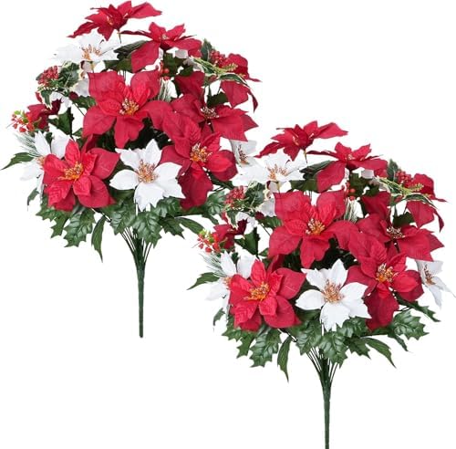 2 Bundles Poinsettia Artificial Christmas Flowers Bouquet (21.65'') by MHMJON