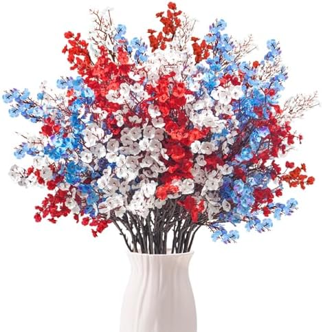 Uieke 6Pcs 4th of July Artificial Flowers Fake Patriotic Babys Breath Flowers for Independence Day Decor Blue White Red Silk Flowers for Memorial Day Floral Arrangement Home by Uieke