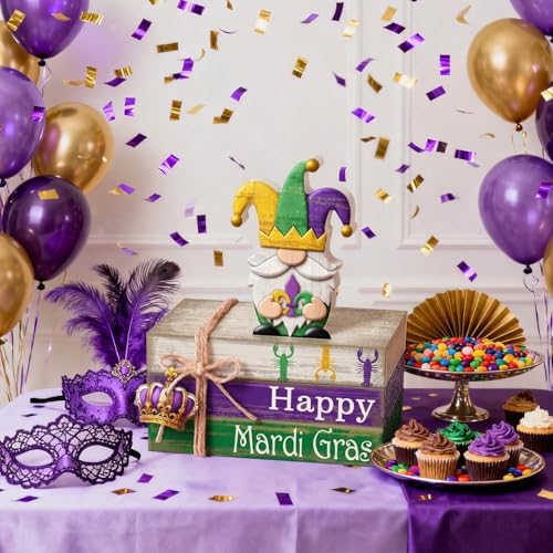 4 Pcs Mardi Gras Decorations Wooden Mardi Gras Table Centerpiece Crawfish Gnome Carnival Tiered Tray Decorations Mini Wooden Faux Books Stack Signs for Masquerade Office Tabletop Bookshelf - Image 4