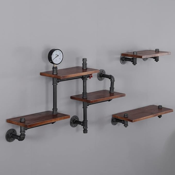 Industrial Floating Pipe Wall Shelves Rustic Wood Shelving, 5 Layer Pipe Design - Image 9