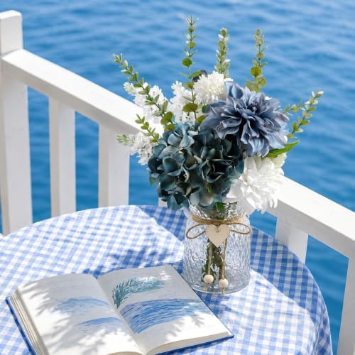 17.9" Blue Faux Flowers in Glass Vase Hydrangea Dahlias Bouquet Farmhouse - Image 2