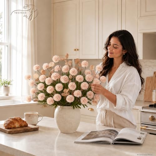 24Pcs Beige Faux Silk Mums Artificial Flowers Bulk with Eucalyptus Stems - Image 7