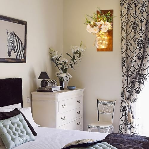 Rustic Wall Sconces Mason Jar Sconces Handmade Wall Art Hanging Design with Remote Control LED Fairy Lights and White Peony, Wall Decor Gift Farmhouse Wall Home Decor Living Room Lights Set of Two - Image 4