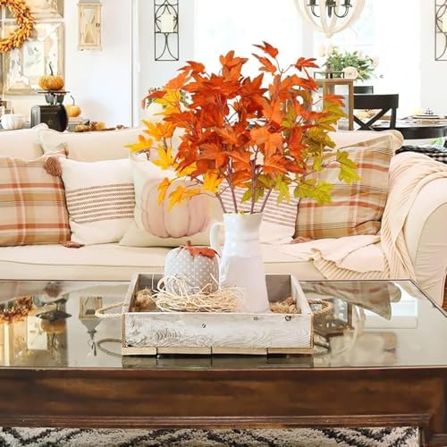 8Pcs Artificial Maple Leaves Branches 21.6in Fake Fall Leaves Stems Plants Outdoor Greenery for Home Kitchen Farmhouse Thanksgiving Table Centerpiece Fireplace Halloween Décor Orange - Image 3