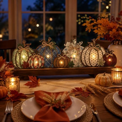 RattanView Lighted Fall Pumpkin Table Decorations Wooden Autumn Centerpiece - Image 4