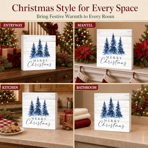 Christmas Decorations Blue Pine Trees Merry Christmas Wood Box Sign - Image 6