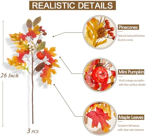3 Pcs Artificial Fall Stems for Vases with Maple Leaves Fake Pumpkins Pinecones Berries, 26" Faux Fall Foliage Stems Branches for Home Harvest Farmhouse Thanksgiving Table Centerpieces - Image 6