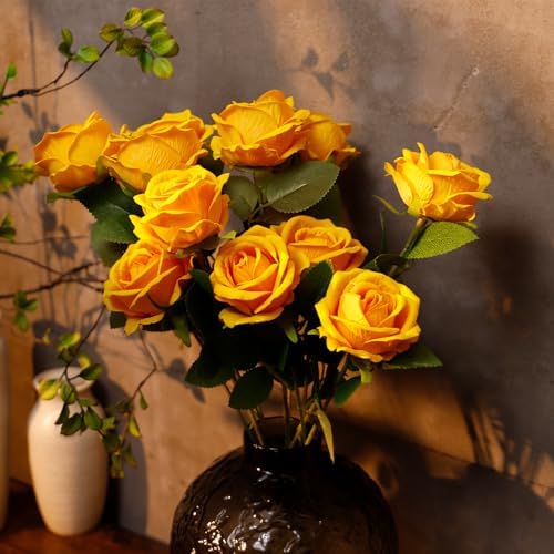 12 Pcs Artificial Rose Flowers, Silk Roses with Long Stems, Realistic Fake Roses for Wedding Centerpiece Party Home and Office DIY Decor, Yellow - Image 5