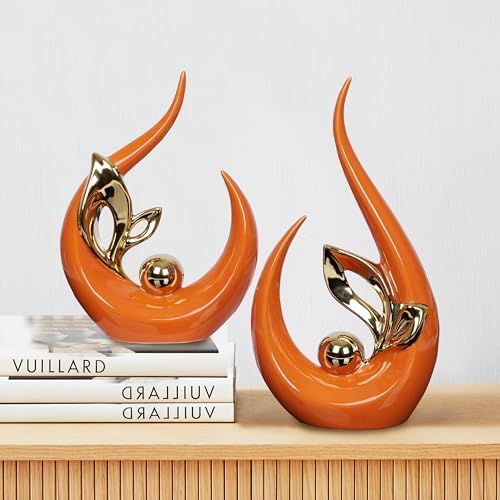 2 PCS Orange Gold Home Decor Accent Ceramic Statue Abstract Sculptures Centerpieces Mid Century Modern Decor for Tables Coffee Table top Decorations for Living Room Desktop Shelf Dining Room Kitchen - Image 3