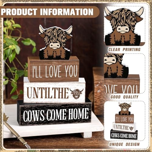 Marsui 4 Pcs Highland Cow Table Decor Rustic Cow Wooden Signs Gifts - Image 4