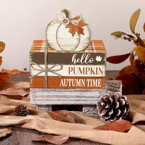 Geelin 4 Pcs Fall Tiered Tray Decorations Thanksgiving Wooden Pumpkin and Maple Leaf Book Stack Signs, Autumn Vintage Table Decoration for Home Office Table Shelf Centerpiece Farmhouse Decorations - Image 4