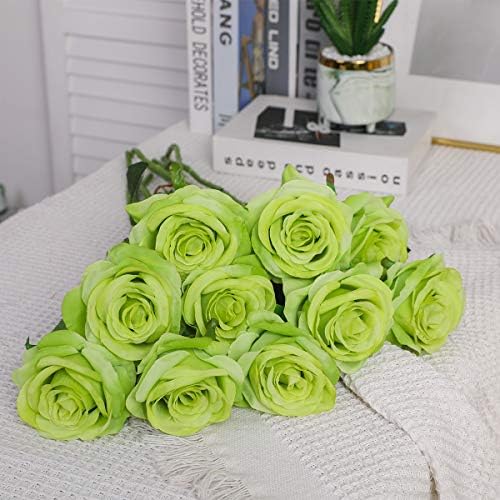 10pcs Light Green Roses Artificial Flowers, Realistic Faux Rose with Stem - Image 5